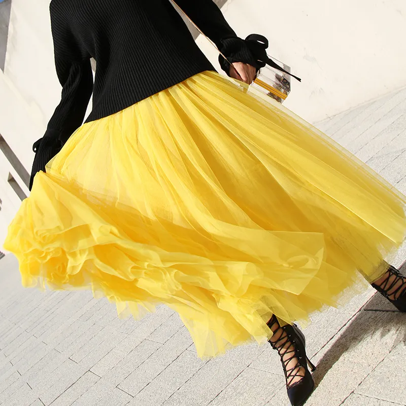 EllieHouse Women’s Long Tutu Tulle Skirt – 5-Layer Party Skirt In Yellow, Large