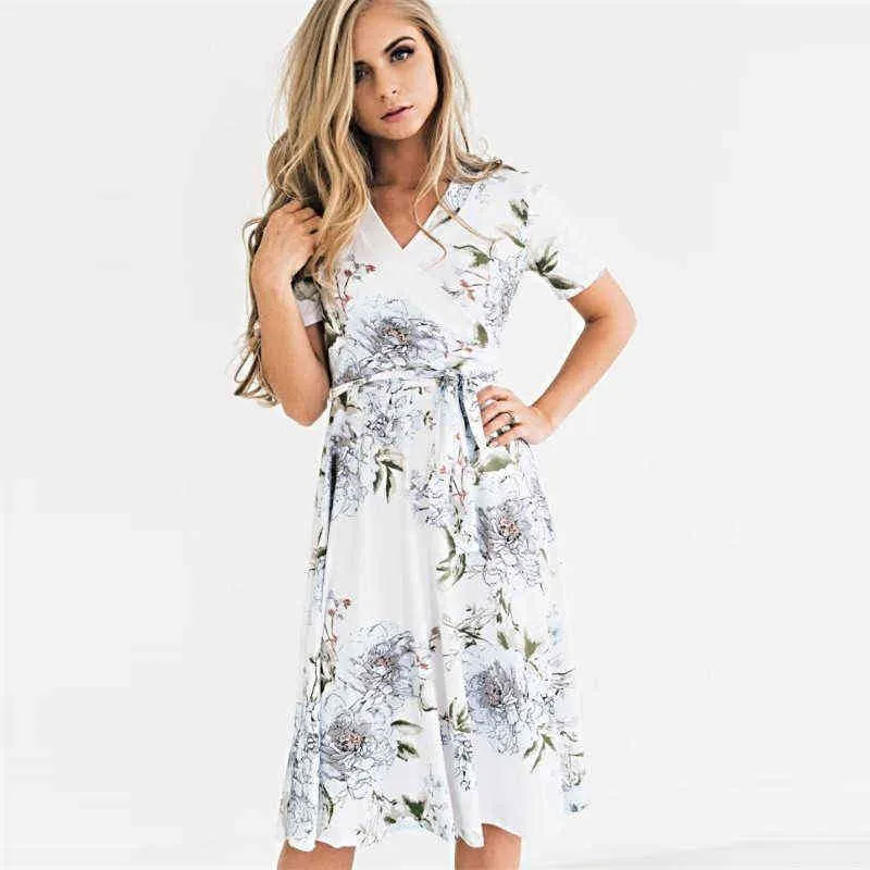 New Fashion Women V-neck Dresses 2021 New Fashion Floral Ladies Dress Casual Women's Vestidos Holiday Beach Woman Party Suits G220309