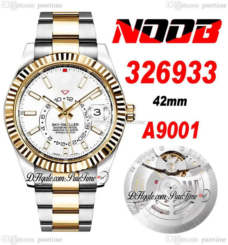 N V2 42 mm Sky A9001 Complicatiekalender Automatische heren Bekijk twee toon 18K geel goud witte stick -wijzerplaat 904L OysterSteel Bracelet Super Edition PTRX Puretime B02