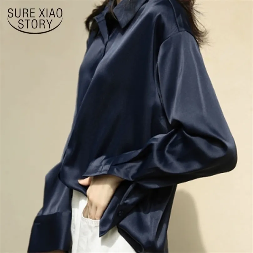 Herfst Mode Knop Up Satin Silk Shirt Vintage Blouse Women Wit en blauwe dame lange mouwen vrouwelijke losse straatoverhemden 11355 210326