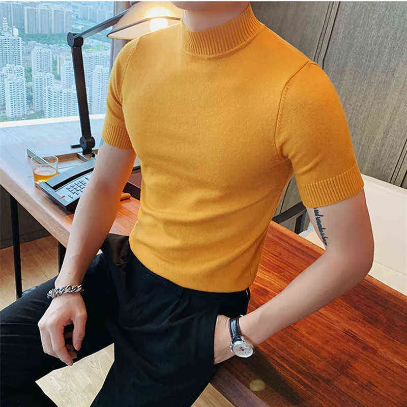 11 renkli yaz yüksek kaliteli kısa kollu örme tişörtler erkekler ince katı kazaklar rahat gerilmiş tişört sokak kıyafetleri homme y220630