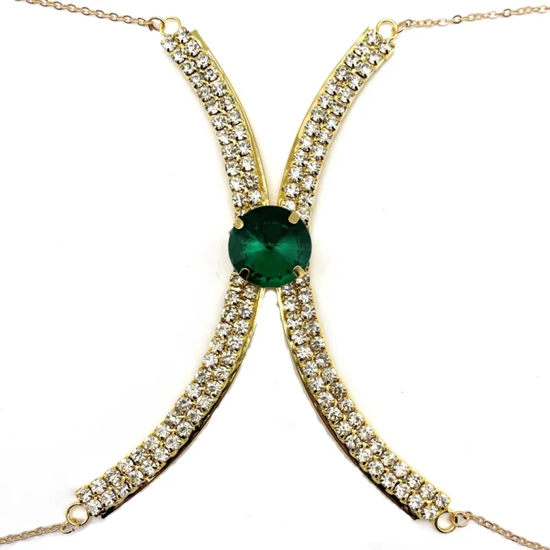 Gold Crystal Body Chain Necklace, Bohemian Bling Bikini Top With Clear Jewels