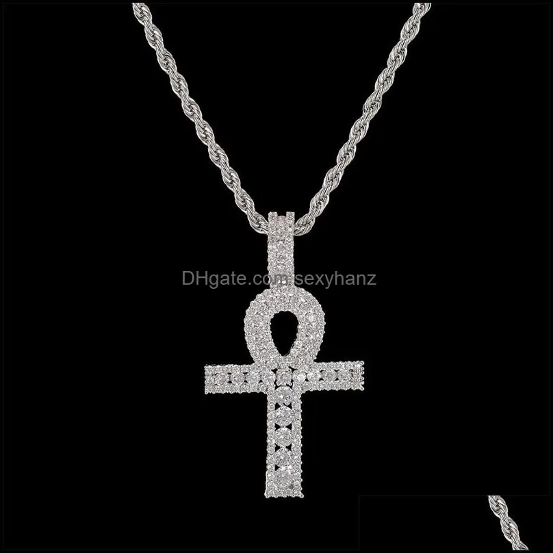 Ankh Cross Pendant Gold Silver Copper Material Iced Zircon Egyptian Key of Life Pendant Necklace Men Women HipHop Jewelry 259 J2