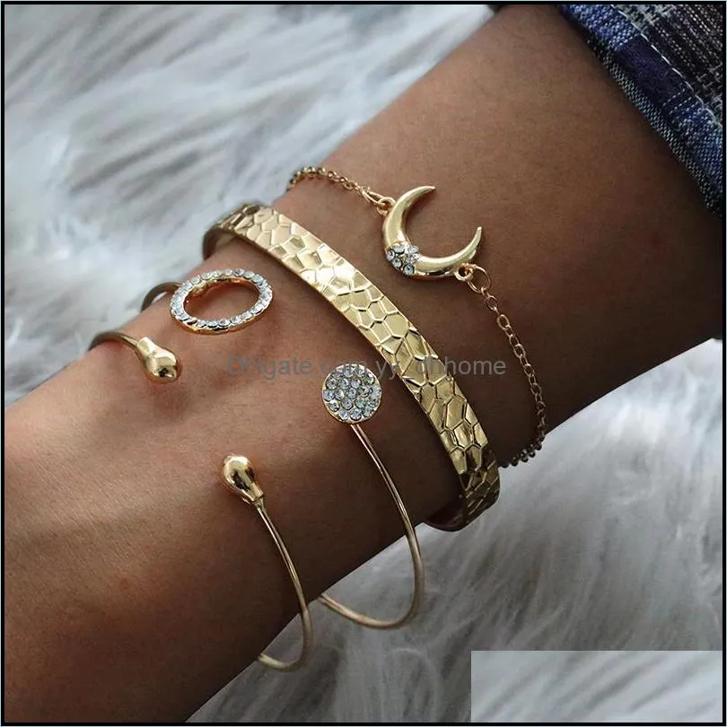 Full Diamond Circle Water Drop Chain Bracelets Open Crescent Multi-Layer Fashion Knotting Turquoise Triangle Combination Set Adjustable Wrist Sleeve