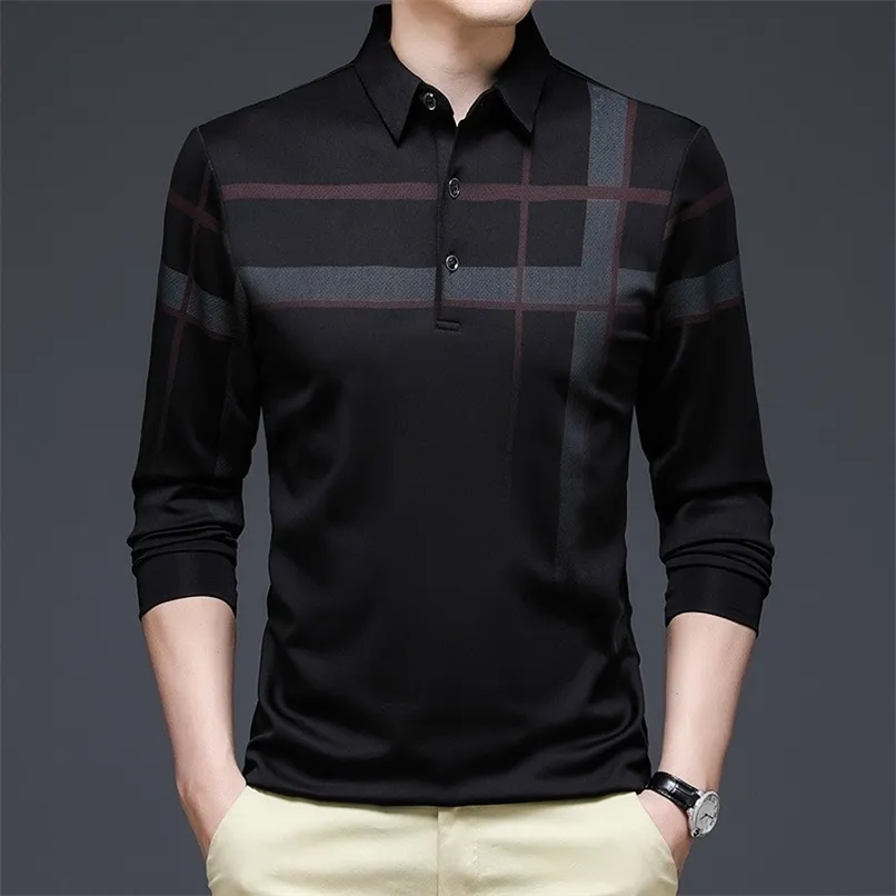 Ymwmhu moda homens negros polo camisa manga longa listrado outono negócios t-shirt streetwear camisa polo homem homem coreano 220408