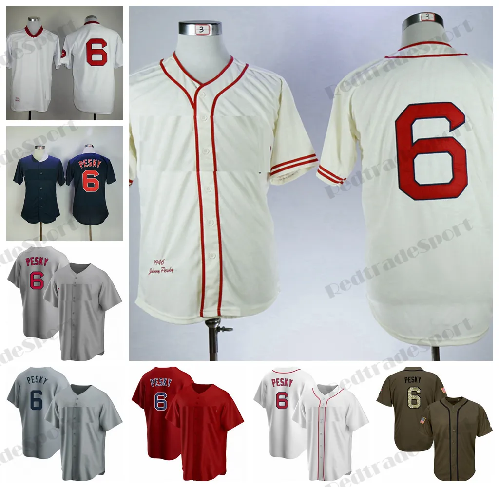 Heren Vintage 6 Johnny Pesky Baseball Jerseys Boston Retro 1946 Cream blauw grijs wit gestikte shirts