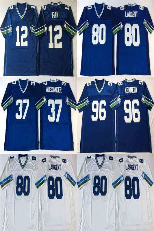 Rare 37 Shaun Alexander Jersey 80 Steve Largent 12 Fan 96 Cortez Kennedy Maglie da calcio retrò di alta qualità cucite da uomo blu bianco