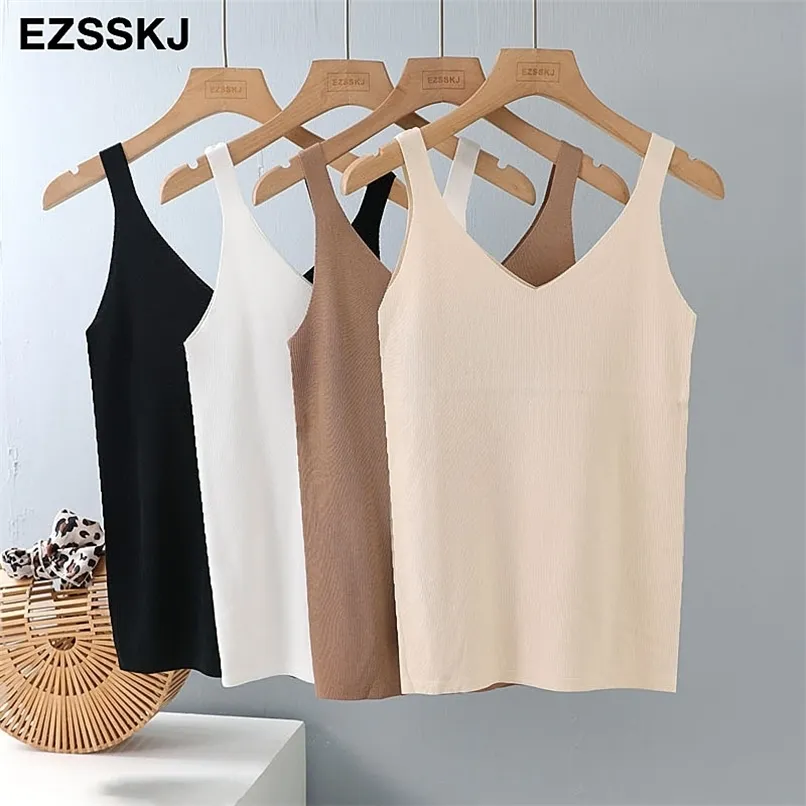 Été printemps solide col en v tricot basique débardeur femmes Cami coréen Camisole élastique gilet tricot sexy hauts femme camis S 220316