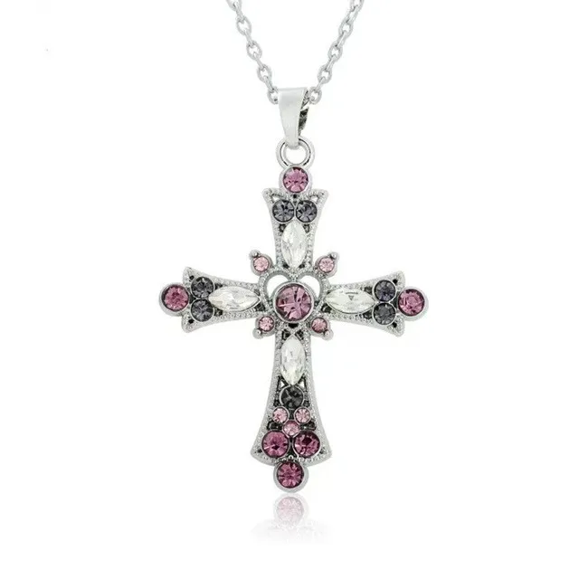 Vintage Color Crystal Cross Virgin Pendant Necklace Charm Lady Rhinestone Religious Belief Jewel Party Necklace Festival Gift