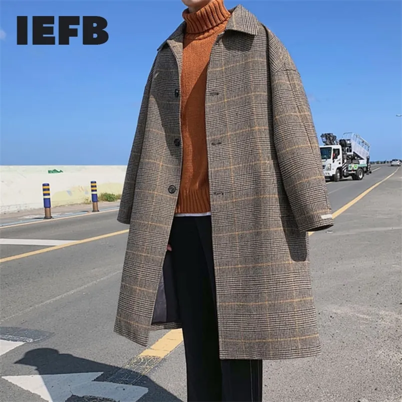 IEFB vêtements pour hommes 2020 bouton à manches longues plaid patchwork col rabattu ample long manteau homme corée personnalité veste LJ201106