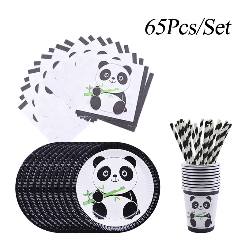 65Pcs/set Cartoon Panda Disposable Tableware Set Plate Cup Napkins Paper Straw Baby Shower Kids Favor Birthday Party Decorations