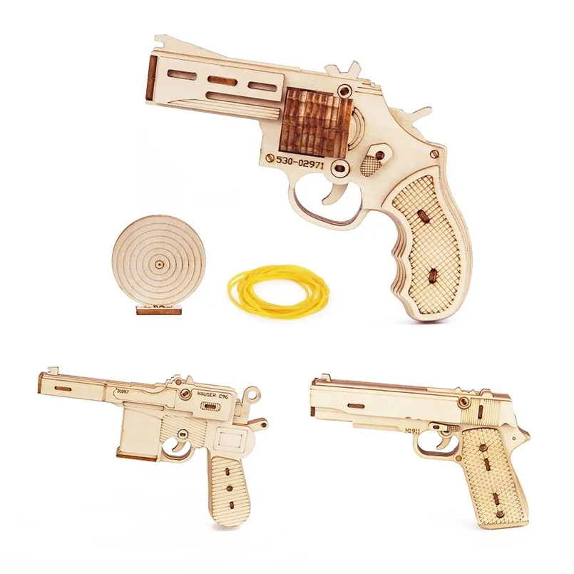 Revolver Toy Build 3 Kinds Rubber Band Gun Toy Revolver M1911 C96 Assembly Model 3D Wooden ...