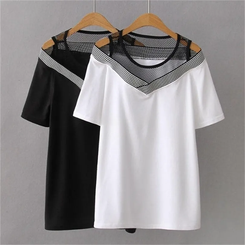 Cotton Short sleeve Cold Shoulder Patchwork T-shirt