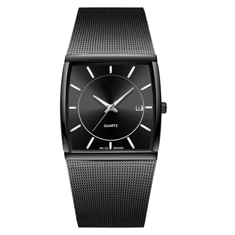 Bracelet en maille d'acier inoxydable carré montres affichage de la date montre à quartz pour hommes montre-bracelet de luxe en or pour homme Relogio Masculino montres-bracelets montre de luxe cadeau