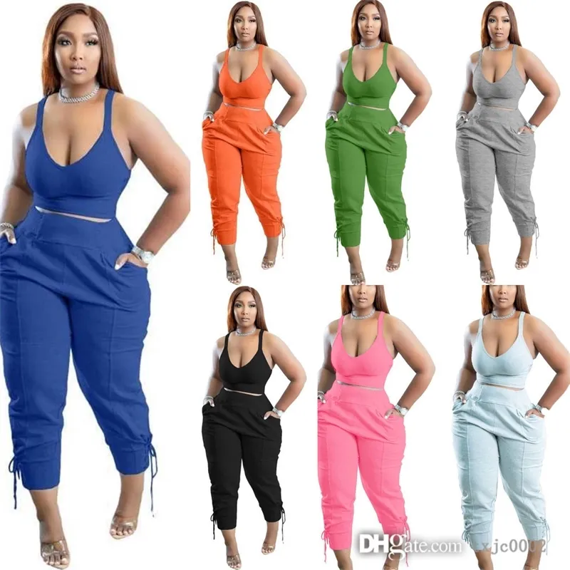 2022 Plus Size Sports Tracks for Women Two Piece Pants Set Sexig Deep V Neck Vest and Bandage Sweatpants Casual Outfits