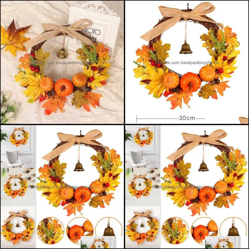 HOT Autumn Leaf Pumpkin Wreath with Bell Thanksgiving Halloween Front Door Home Decor TI99 Q0812