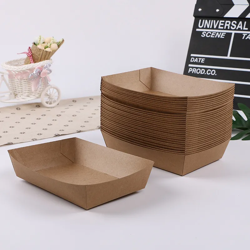 200 x Disposable Kraft Paper Food Container, Recyclebaar Eco-Friendly Take Out Eten Serving Boten Mandketten Trays voor Party Snacks French Fries Nachos Hot Dogs Tacos BBQ