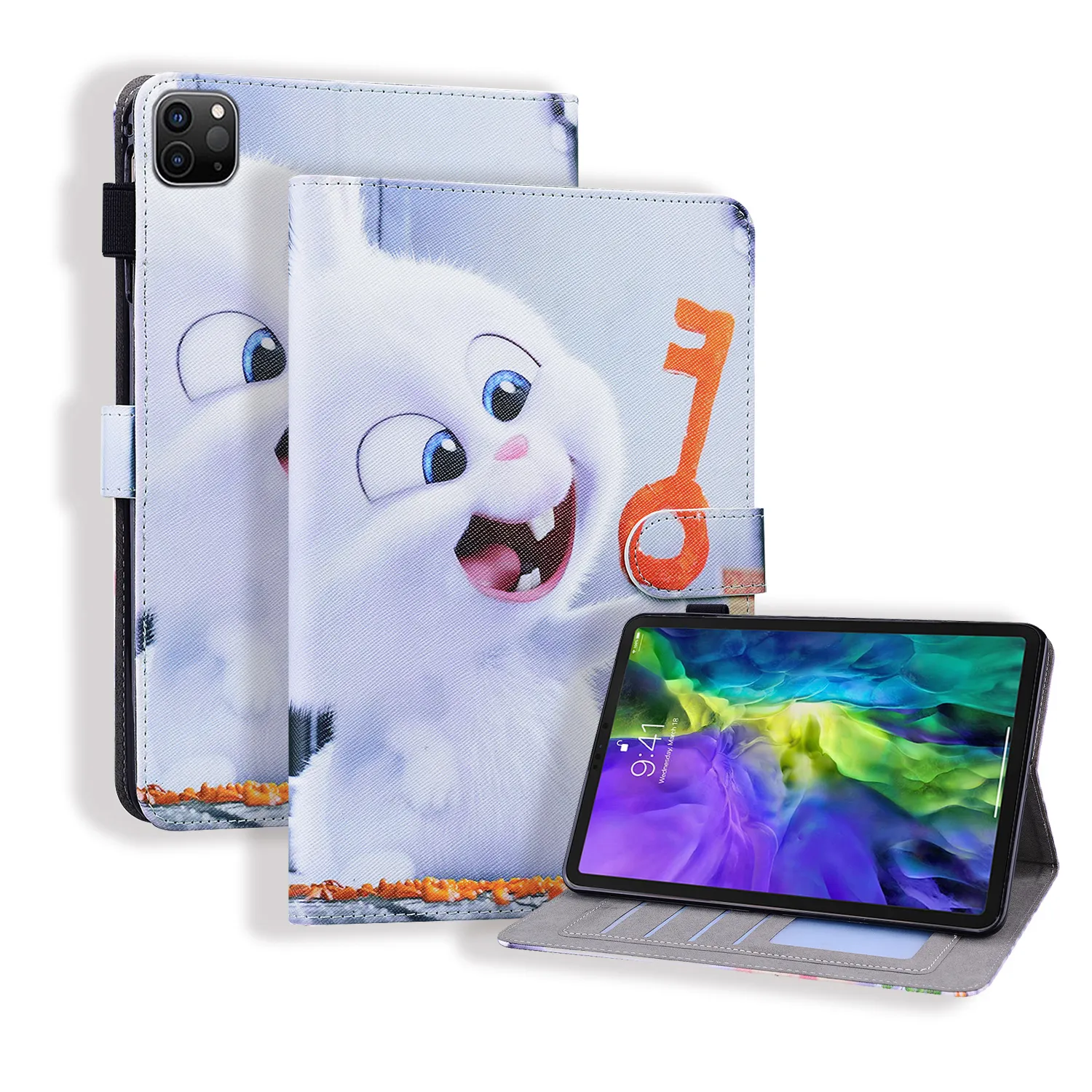 Étuis en cuir PU pour tablette Apple iPad Pro 12.9 Samsung Galaxy Tab S7 Plus T970 T975, double angle de vue, motif dessin animé, coque à rabat avec emplacements pour cartes