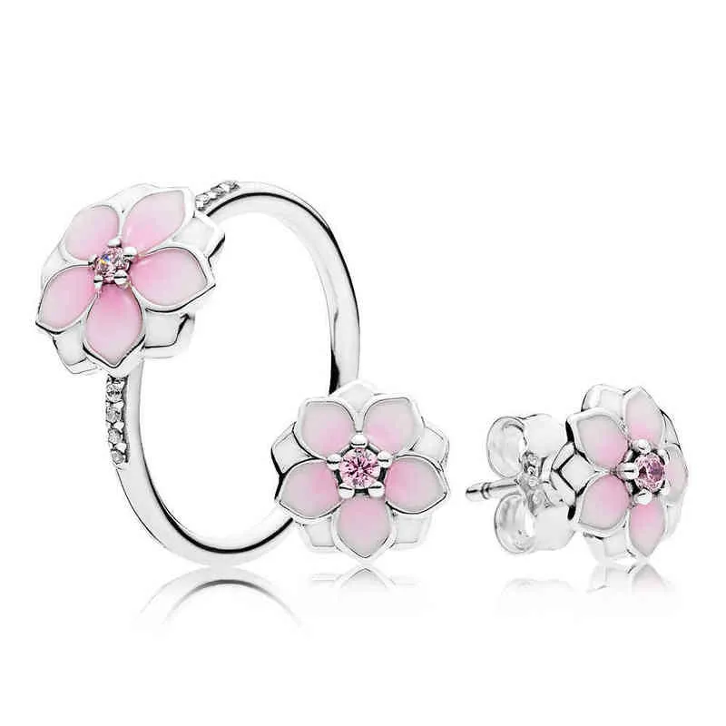 Ny 2017 100% 925 Sterling Silver Magnolia Bloom Spring Flowers Ring Gift Set Charms Rings Passar DIY Original Smycken En Set AA220315