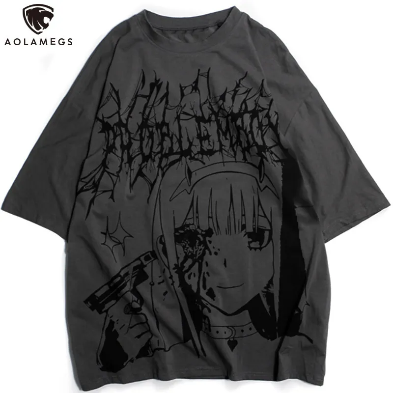 Aolamegs Men's T-Shirts Summer Oversized T-shirt Anime Girl Print Tee Shirts Hip Hop High Street Gothic Streetwear Unisex 220520