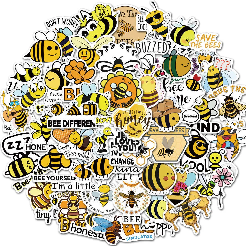 방수 스티커 50 PC 만화 귀여운 꿀벌 스티커 노트북 전화 케이스 수하물 냉장고 자동차 키즈 DIY 선물 비닐 동물 꿀벌 데칼 자동차 스티커