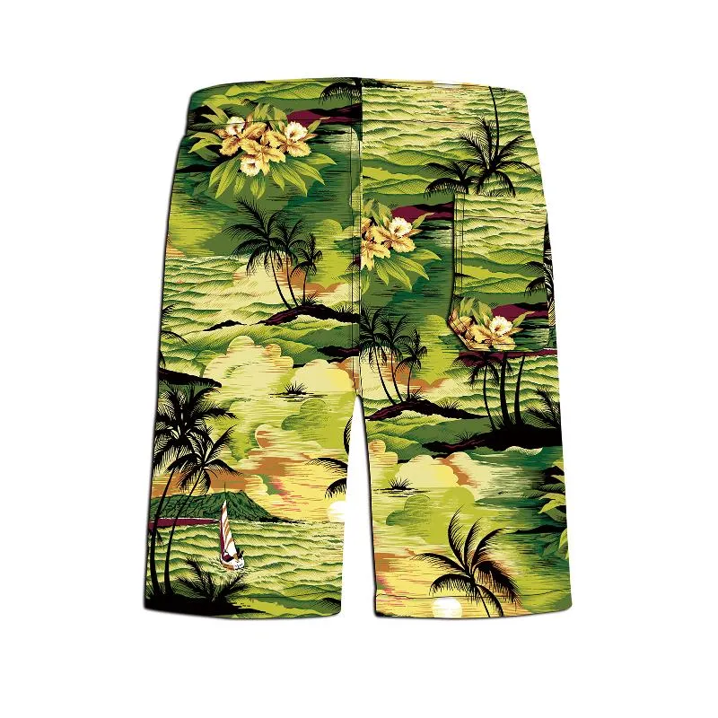 Herrspårsperioder grossistprisdesign romantisk solnedgång miljövänlig anpassad grön kokosnötstrand tryckt hawaiian skjorta shorts manmen's