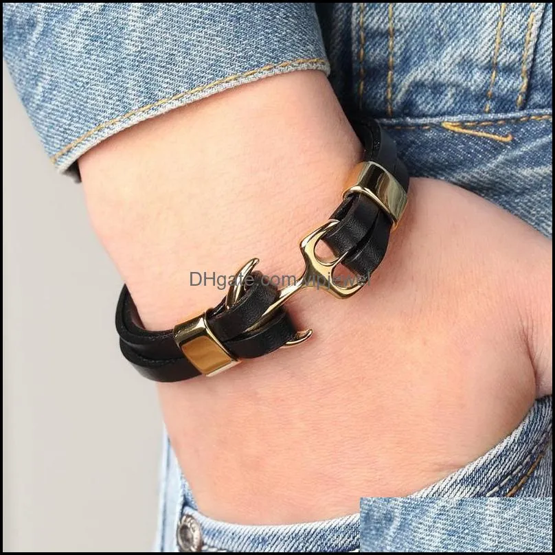 Cuff TYO Genuine Leather Men Black Gold &Black Silver Anchor Stainless Steel Pattern Simple Hook Neo-Gothic Style Jewelry Gift