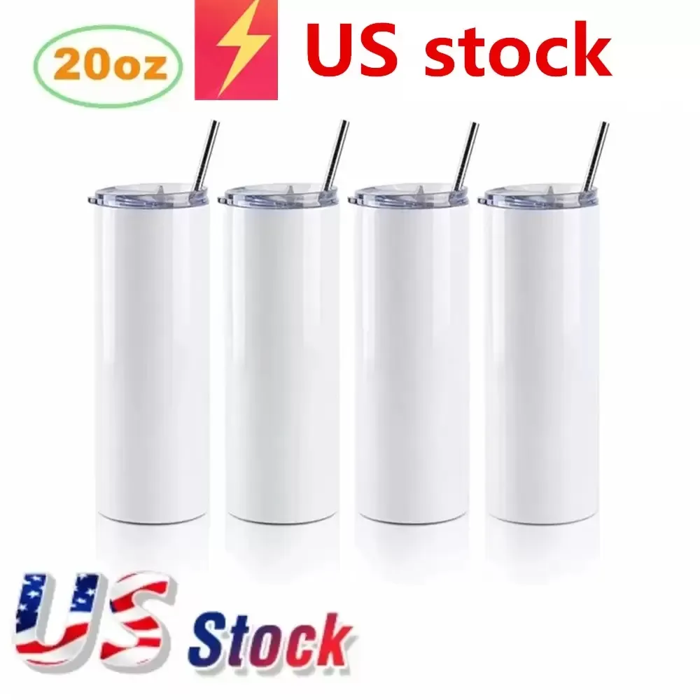 US STOCK Bicchieri a sublimazione dritti Bicchiere da 20 once a doppia parete in acciaio inossidabile con coperchi in cannuccia di plastica Tazze bianche vuote Regali per feste