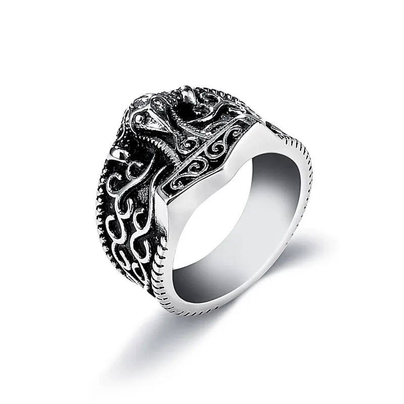 Fashion Design Viking Men Hammer Ring Jewelry Antique Silver Plated Stainless Steel Rings for Male Gift