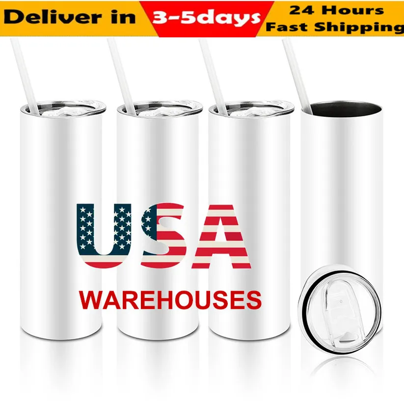 US STOCK 20oz Sublimation Tumblers Straight Tumbler With Straws lids And Coaster Stainless Steel Portable Outdoor Mugs Car Cups sxjun6