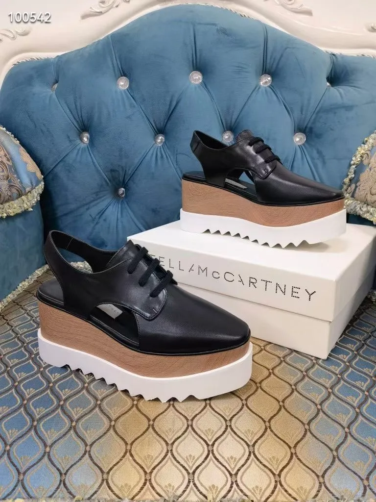 Stella Mccartney Sandals Genuine Leather Wooden Grain Fashion Women Wedge Platform Heel Star Shoes