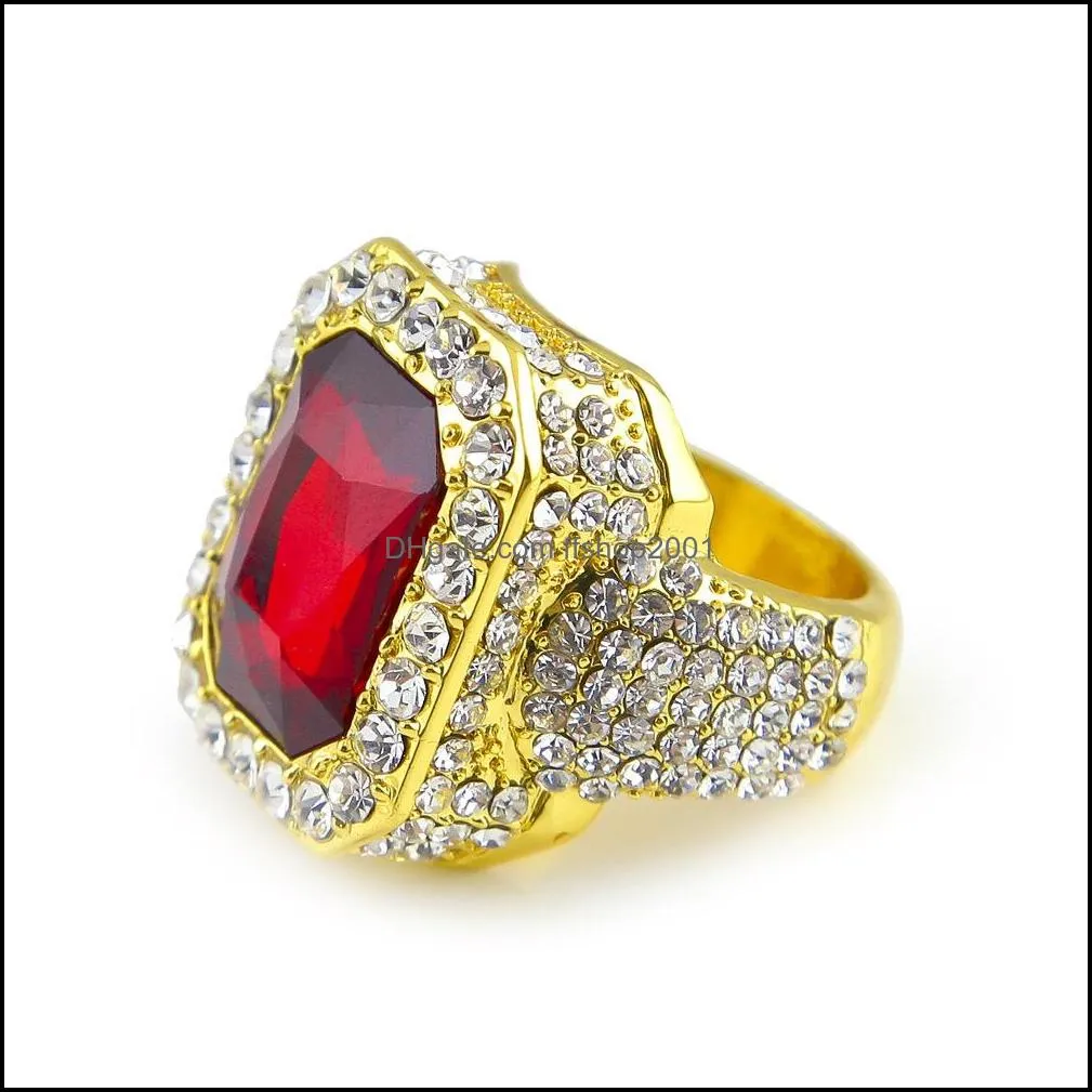 High quality Men`s large ruby sapphire Rings White Rhinestones 5 colors gem stone Gold Rings For women&ladies Hip Hop Jewelry
