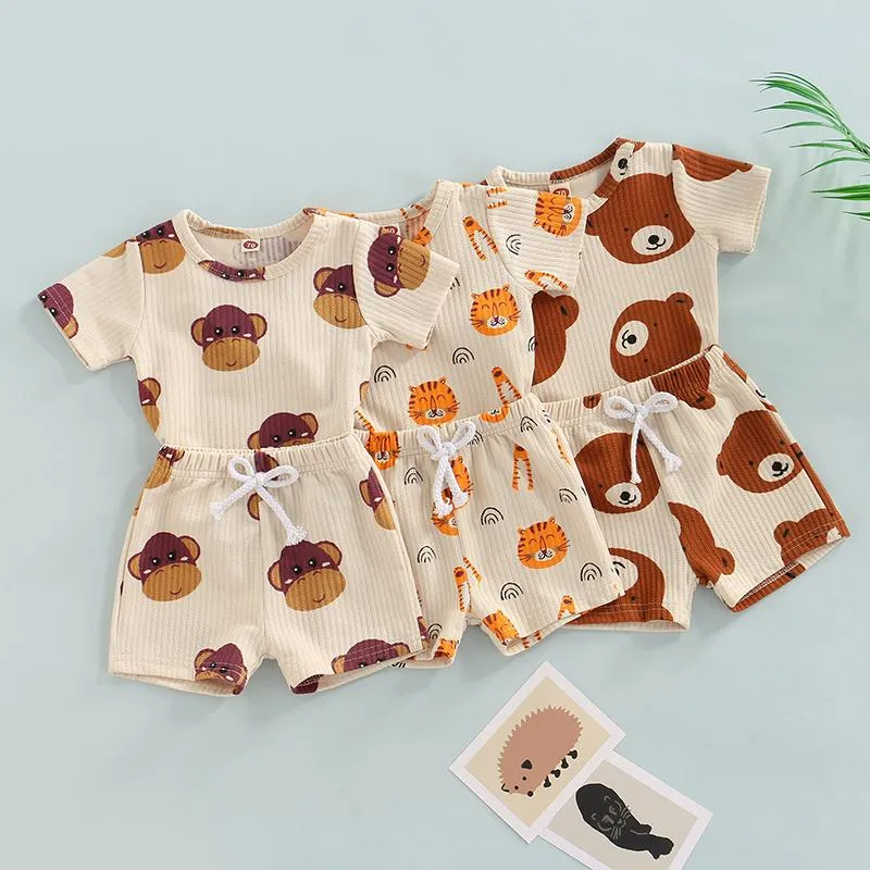 Ensembles de vêtements enfant en bas âge bébé fille garçon Shorts costume été dessin animé Animal imprimé coton côtelé à manches courtes hauts taille élastique ensemble de vêtements