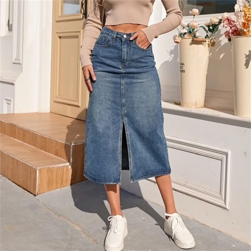 ZHISILAO High Waist Straight Denim Skirt Women Vintage Split Fork Blue Long Bodycon Pencil Jean Skirt 220701