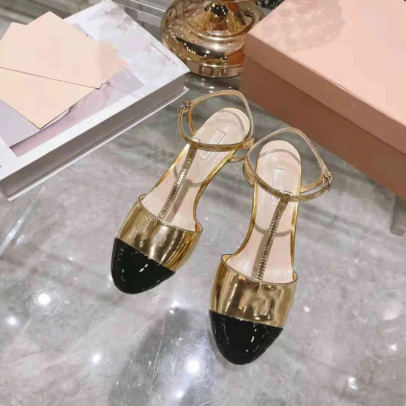 Sandals summer patent leather hollow out round head color matching women`s shoes t-word Roman single thin high heels sexy Baotou D0GX