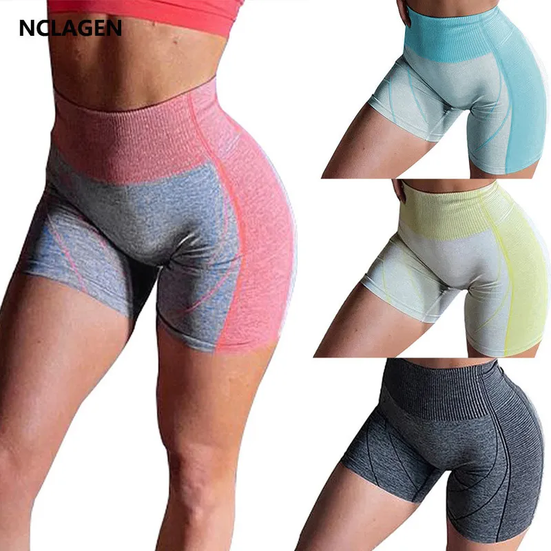 NCLAGEN Pantalones cortos deportivos sin costuras GIMNASIO Cintura alta Pantalones cortos de verano para mujer Punto Línea brillante Fitness Leggings Squat Proof Yogabottoms 220629