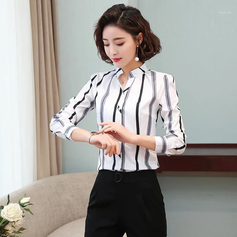 Koreanische Mode Chiffon Frauen Blusen Büro Dame Hemd Und Bluse Gestreiften Langarm Plus Größe XXXL Tops frauen Shirts