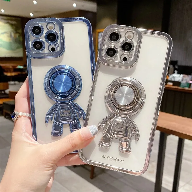 Luxury Plating Soft Silicone Astronaut Bracket Telefonfodral för iPhone 15 14 13 12 11 Pro Max X XR XS Max 7 8Plus Ring Holder Back Cover