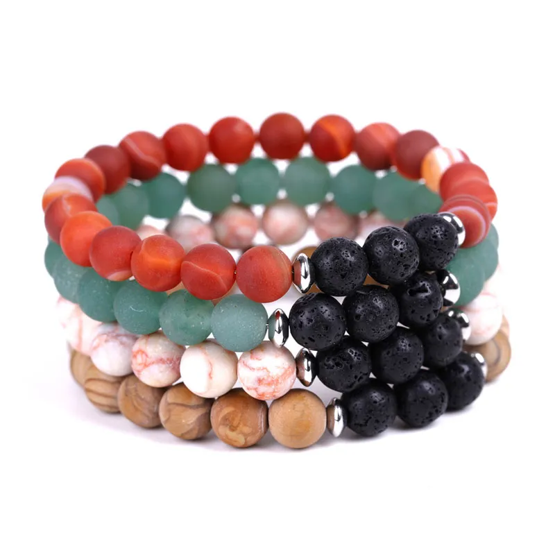 8mm natuurlijke lava steen handgemaakte strengen kralen bedelarmbanden voor mannen vrouwen elastische armband verzilverde sieraden