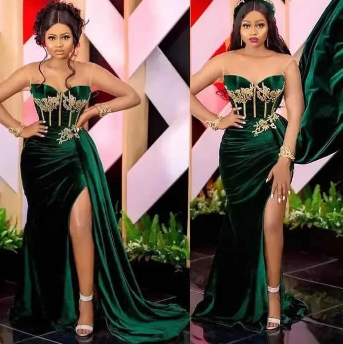 2022 Emerald Green African Prom Party Kleider Sexy Schlitz Schatz Arabisch Aso Ebi Samt Plus Size Abendkleid Anlass Kleid tragen B0804