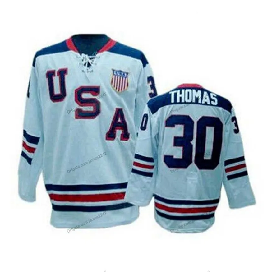 Nikivip personalizado Tim Thomas #30 EUA Jersey de hóquei costureu tamanho branco S-4xl Qualquer nome e número de camisas de alta qualidade