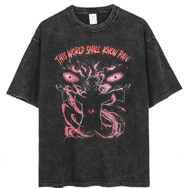 Anime douleur imprimé t-shirt hommes rétro lavé couverture en coton T-shirts Harajuku t-shirt 2021 Streetwear Hip Hop hommes T-shirts