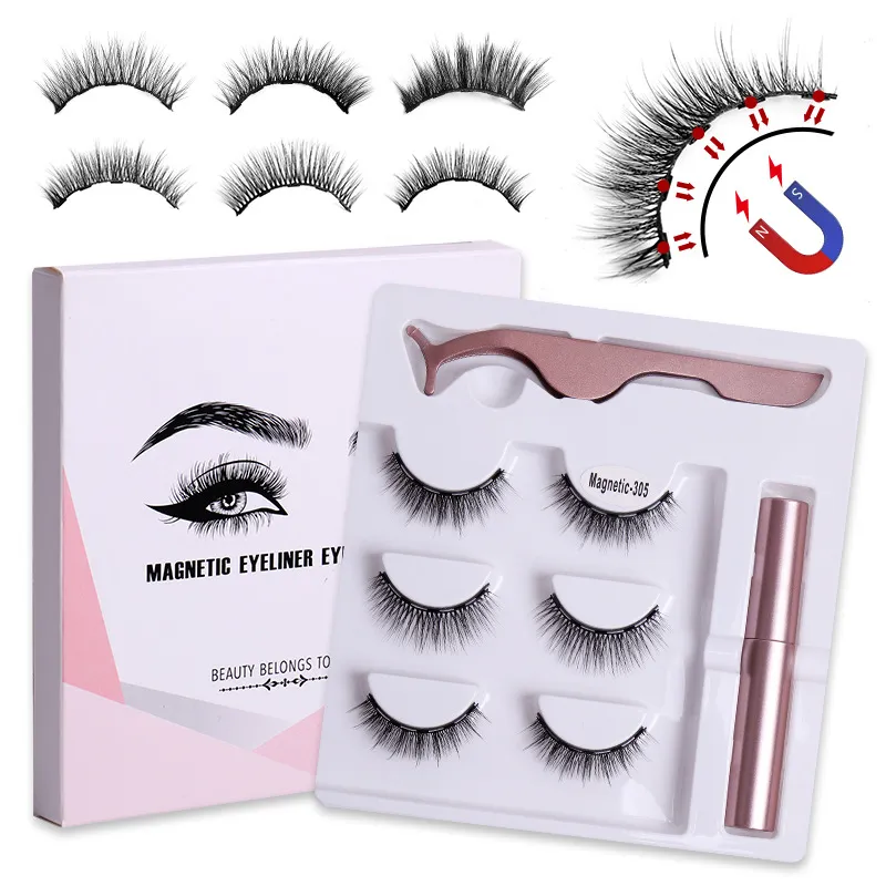 Dickes, natürliches 3-Paar-Set mit magnetischen falschen Wimpern, weich, lebendig, gelockt, kreuz und quer, handgefertigt, wiederverwendbar, mehrschichtige Magnete, gefälschte Wimpern mit Eyeliner-Pinzette, 5 Modelle, DHL