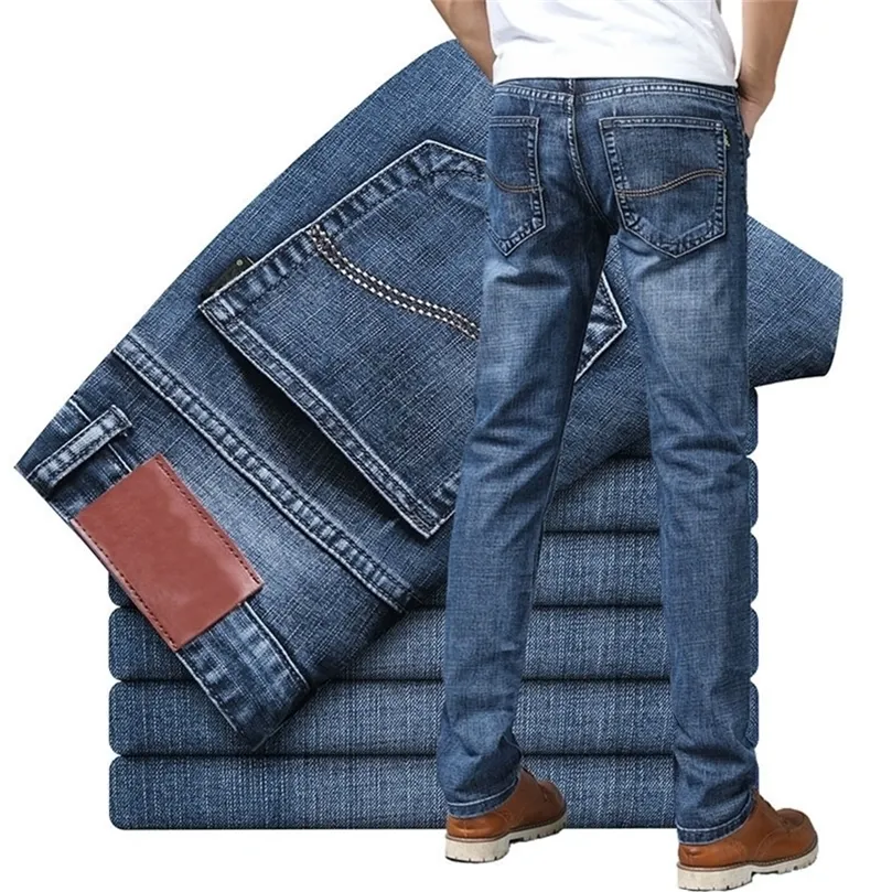 Herenjeans slanke rechte stretch mannelijke denim broek streetwear blauw grijs casual denim broek mode heren jeans merk 201128
