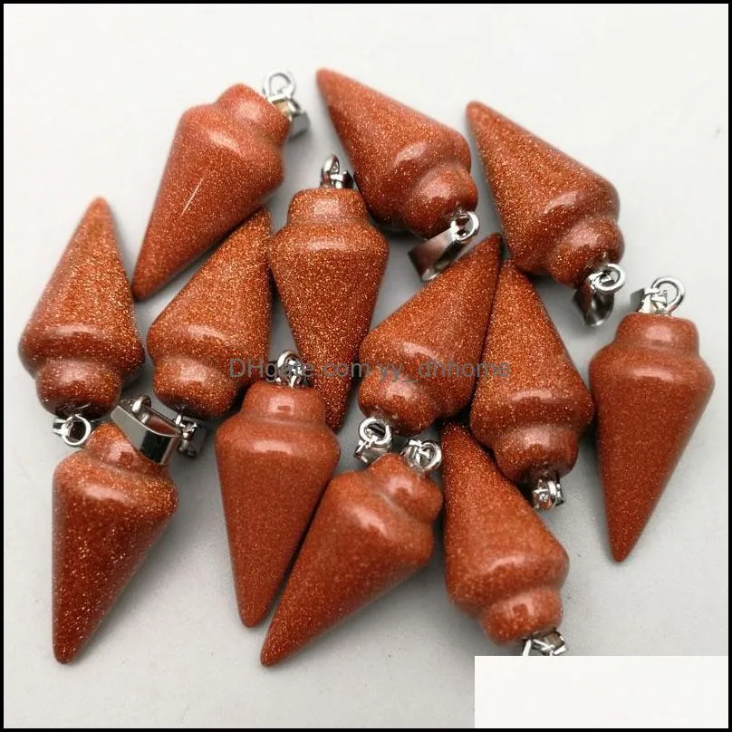 fashion natural stone pendants charms gold sand circular cone pendulum for jewelry making 50pcs wholesale