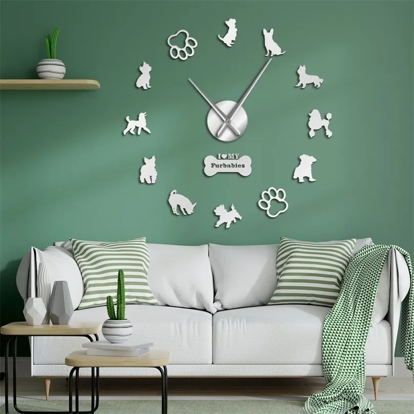 Englische Spielzeug Terrier Pudles Yorkshire Terrier gemischte Hunderassen Wandkunst Heimat Dekor DIY Giant Wall Clock Hund Haustiere Hängende Uhr 220602