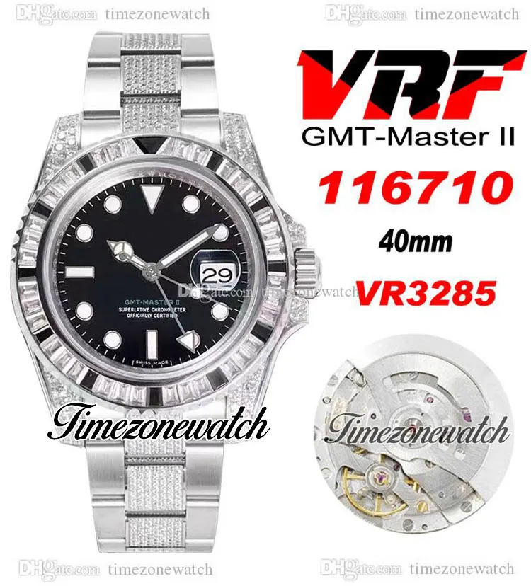 VRF V3 GMT II VR3285 Автоматические мужские часы Rainbow Diamonds Bezel Black White Dial Time 904L Diamond Oysterteel Браслет То же самое серийный картой Super Edition TimeZoneWatch B2
