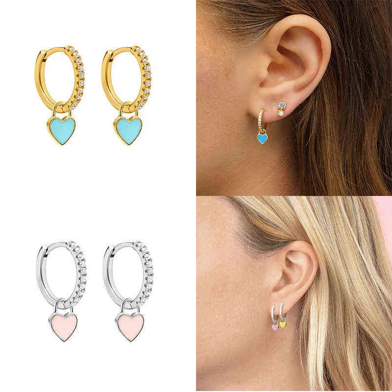 BOAKO Silver Plating Hoop Earrings With Cute Candy Neon Color Enamel Heart Charm Drop Earring Gold Silver Color For Girls L220614