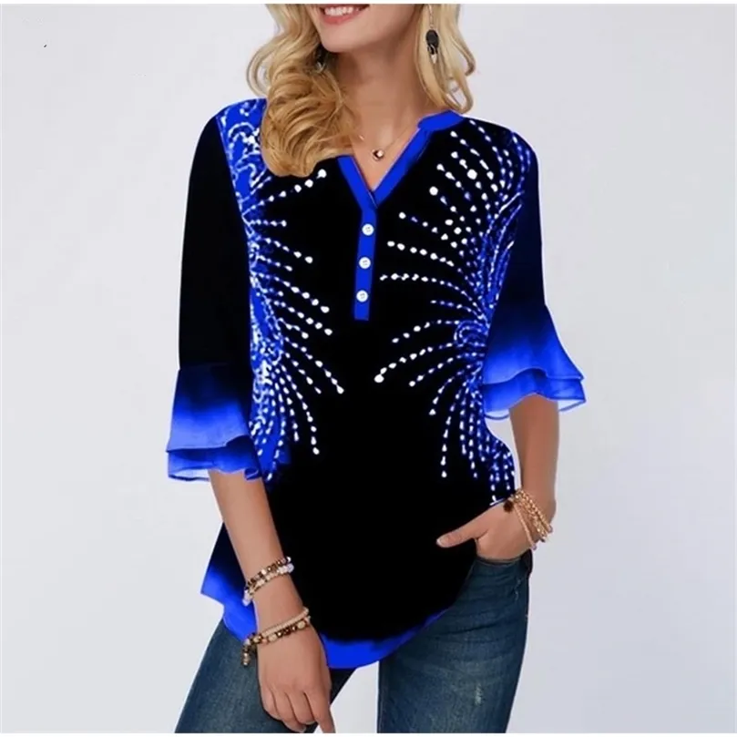 Shirt blouse dames plus maat 5xl afdrukpositie met één borsten blauw v-hals wijd uitlopende mouw tops vrouwelijk shirt losse dames shirt 210308