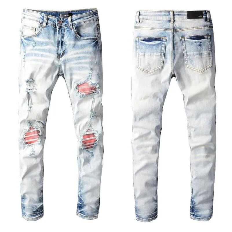 2022 Mens Jeans Hip Hop Hoge Straat Mode Retro Gescheurd Vouwen Stiksels Heren Woeren Designer Motorfiets Rijden Slanke Montage Casual Broek Merk Gat Jean # 094